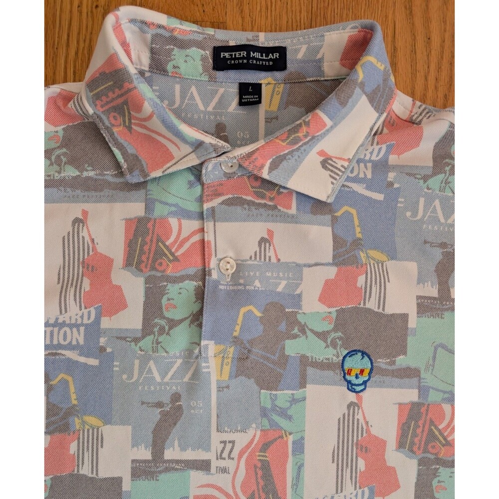 Peter Millar X SWAG GOLF Crown Crafted Polo Mens L Jazz Festival AOP Shirt Skull